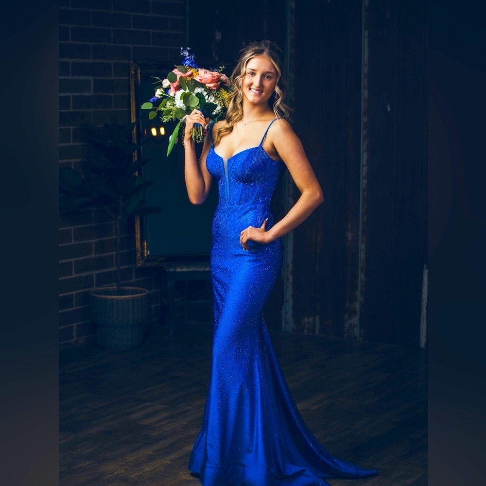 Sherri Hill formal dress style #55419 in royal blue with rhinestones